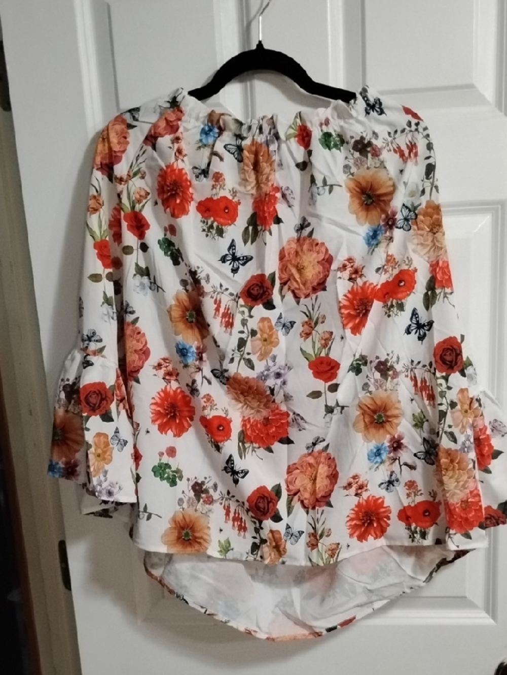 Floral Off-Shoulder Blouse in White with Orange Floral Print